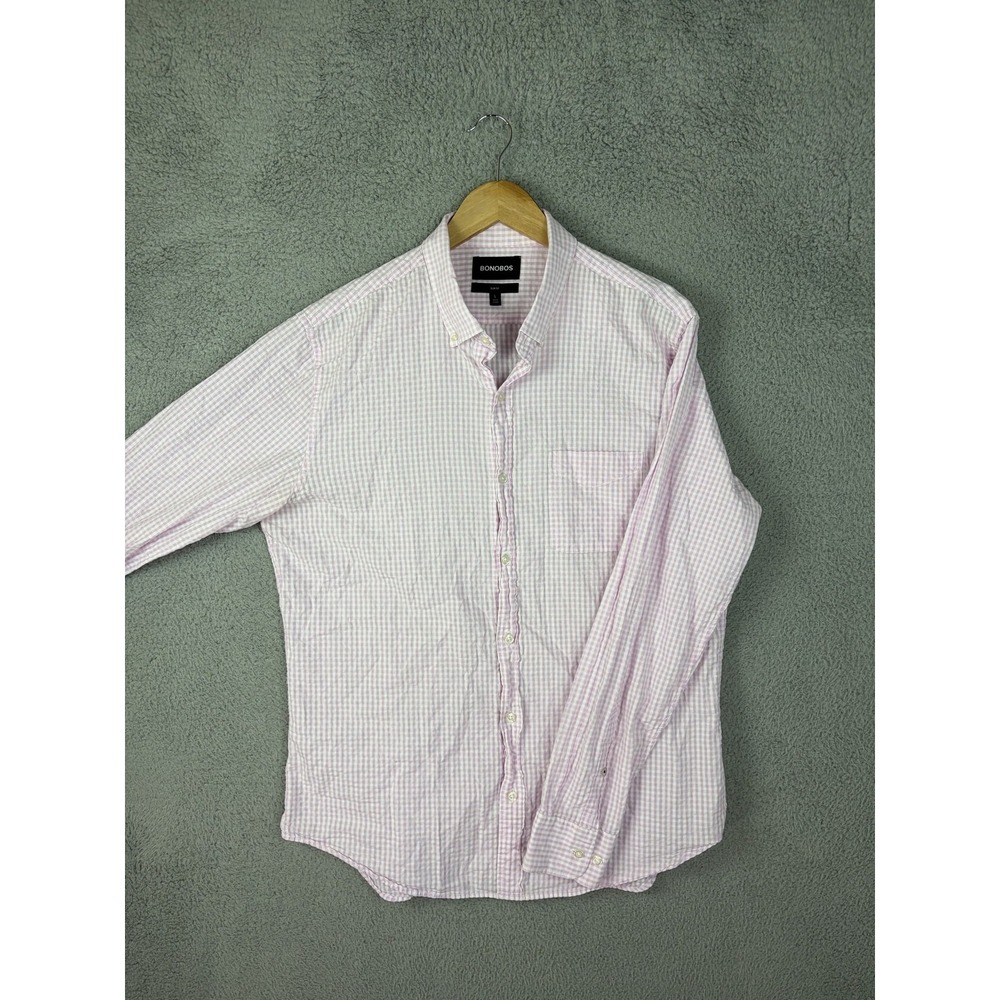Bonobos Shirt Mens Large Pink Check Long Sleeve Button Front Slim Casual Cotton
